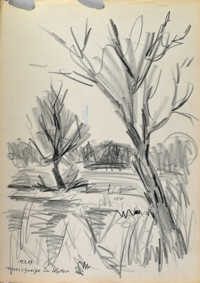 Konrad Sommer: Moosschwaige im Winter, 18.2.1967, Kohle, Feder auf Papier, 42,0 x 29,7 cm, bez.u.l.: 18.2.67. Moosschwaige im Winter 